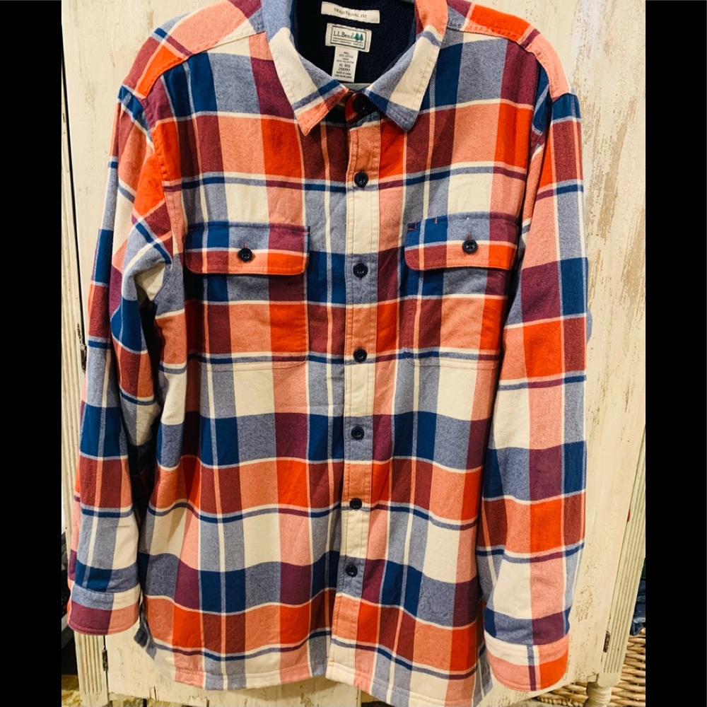 LL Bean vintage, plaid,flannel,fleece lined shirt XL reg